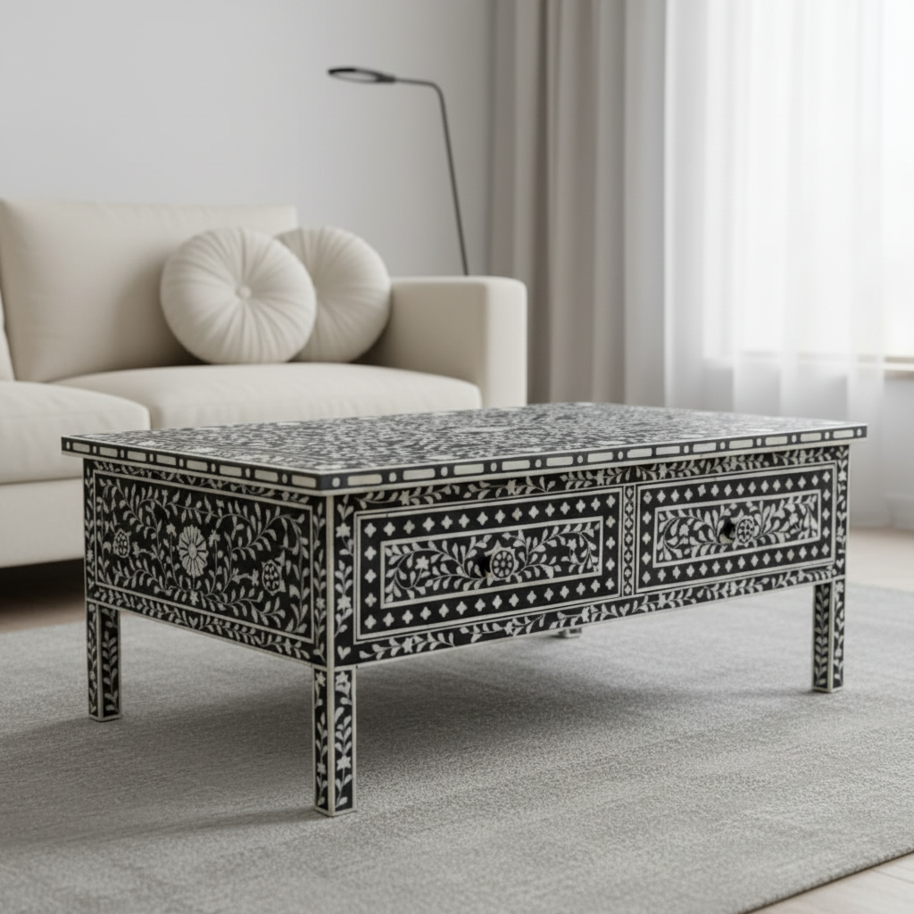 Bone Inlay Rectangular Coffee Table : Floral : Black