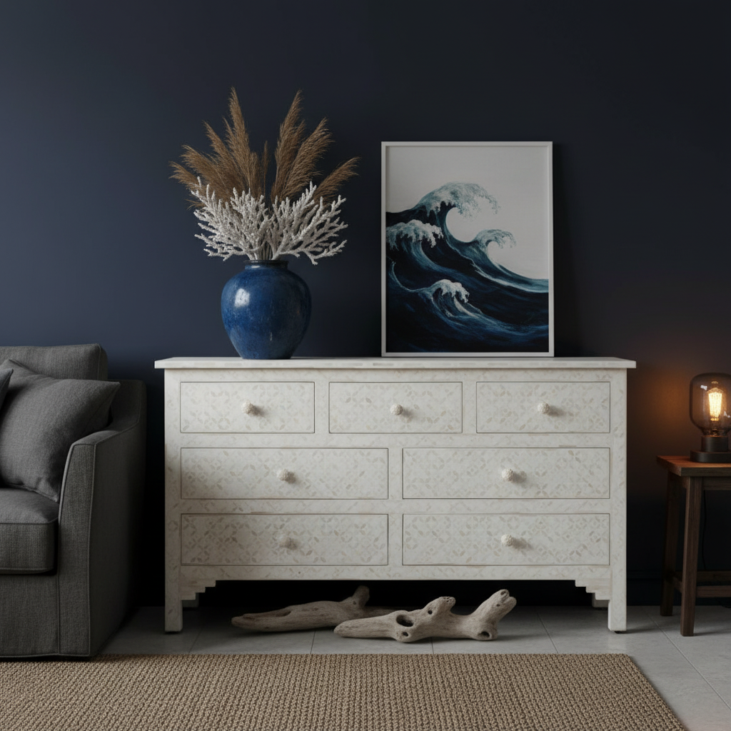 Bone Inlay 7 Drawer Chest : Starburst : White