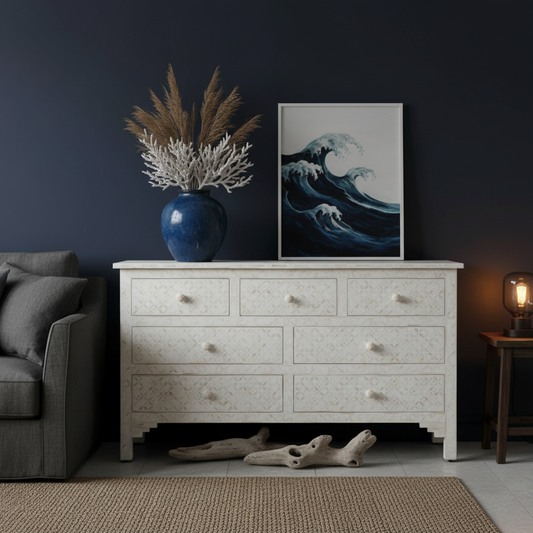 Bone Inlay 7 Drawer Chest : Starburst : White