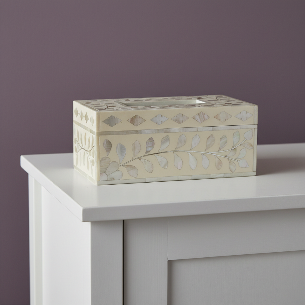 Mother of Pearl Inlay Tissue Holder : Floral : White