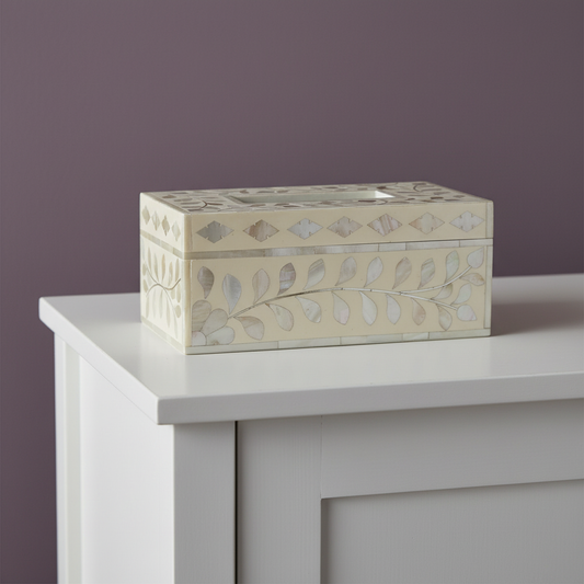 Mother of Pearl Inlay Tissue Holder : Floral : White