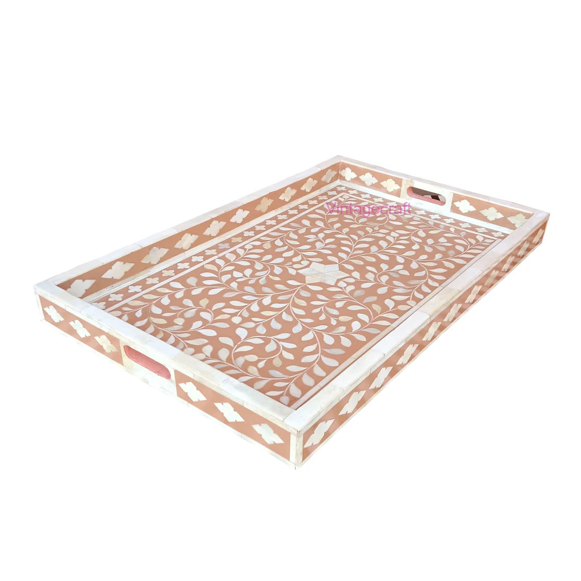 Bone Inlay Rectangular Tray : Floral : Orange