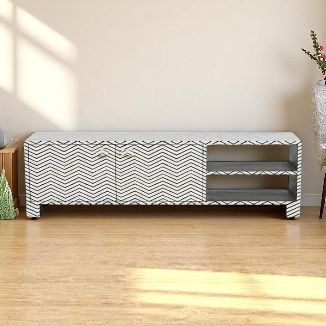 Bone Inlay 2 Door TV Sideboard : Zig Zag : Black