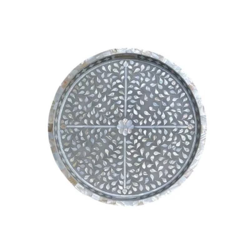 Mother of Pearl Inlay Round Tray : Floral : Grey