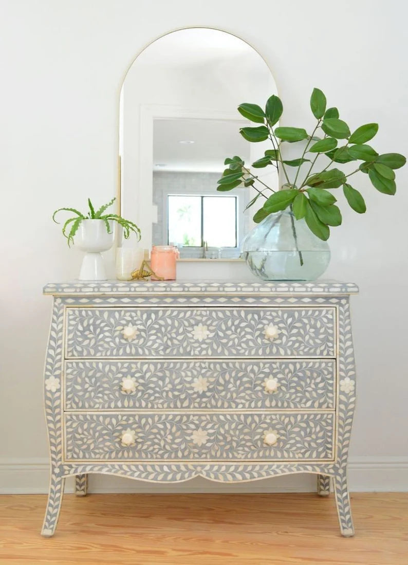 Bone Inlay French 3 Drawer Chest : Floral : Grey