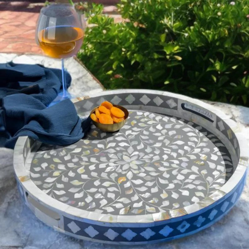 Mother of Pearl Inlay Round Tray : Floral : Grey