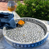 Mother of Pearl Inlay Round Tray : Floral : Grey