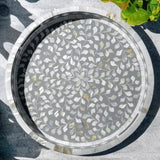 Mother of Pearl Inlay Round Tray : Floral : Grey