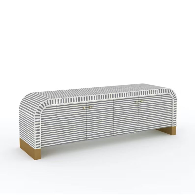 Bone Inlay Waterfall TV Sideboard : Stripe : Grey
