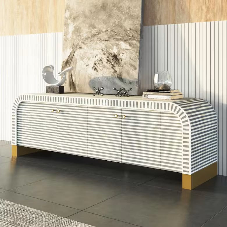 Bone Inlay Waterfall TV Sideboard : Stripe : Grey