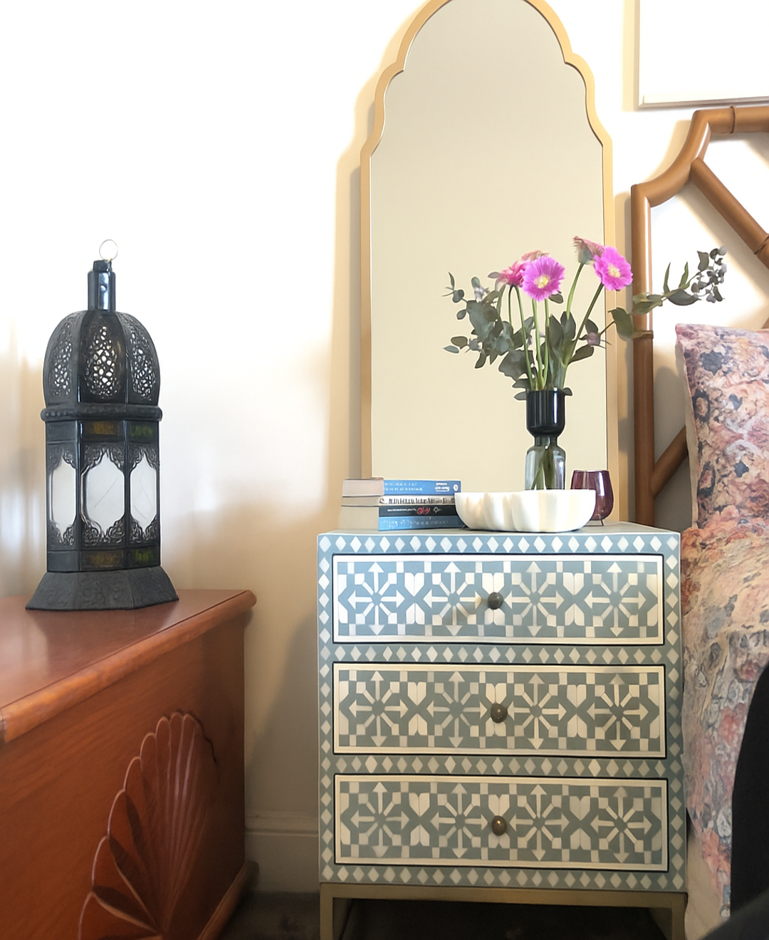 Bone Inlay  3 Drawer Bedside Chest : Zelliges : Blue Grey