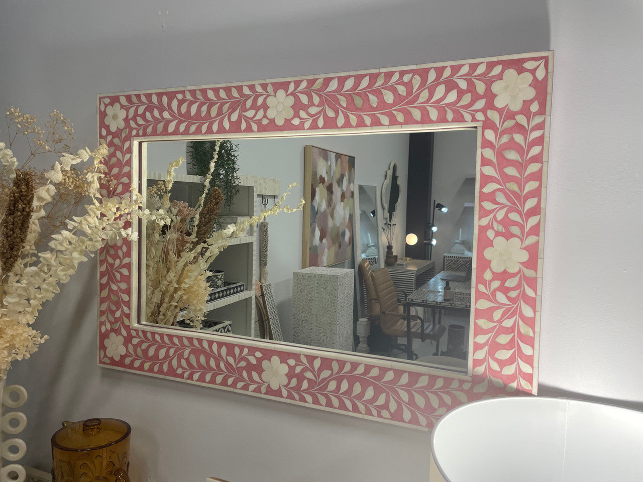 Bone Inlay Rectangular Mirror : Floral : Pink