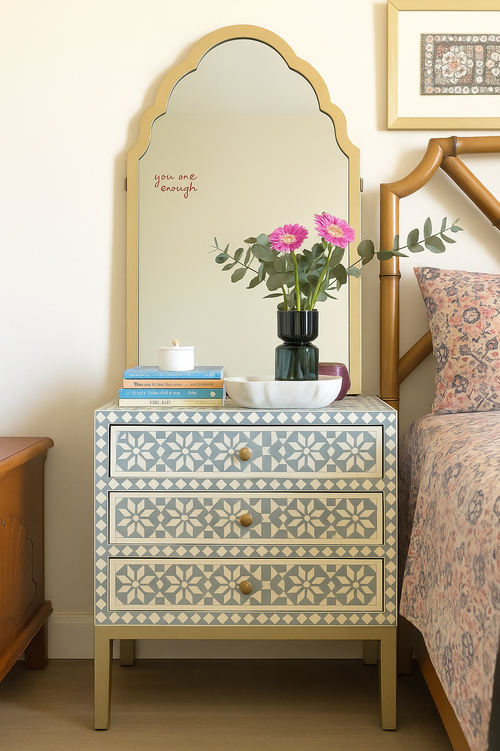 Bone Inlay  3 Drawer Bedside Chest : Zelliges : Blue Grey