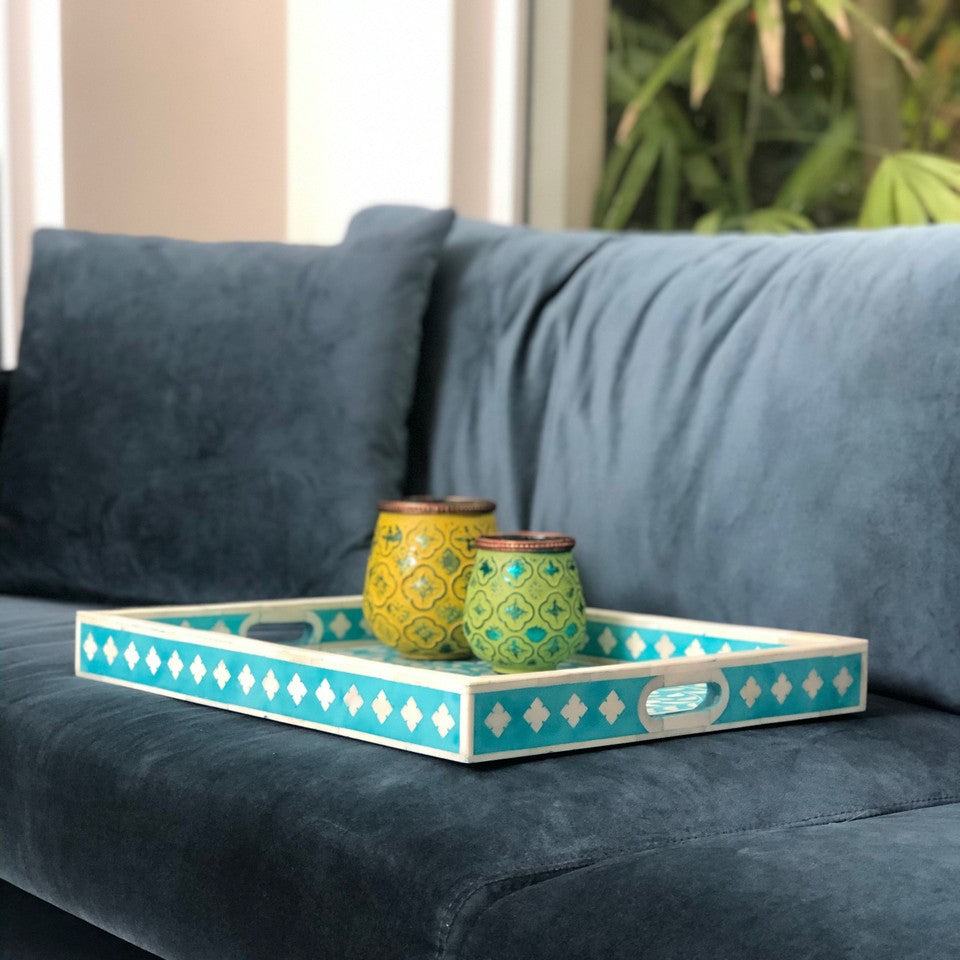 Bone Inlay Rectangular Tray : Floral : Teal