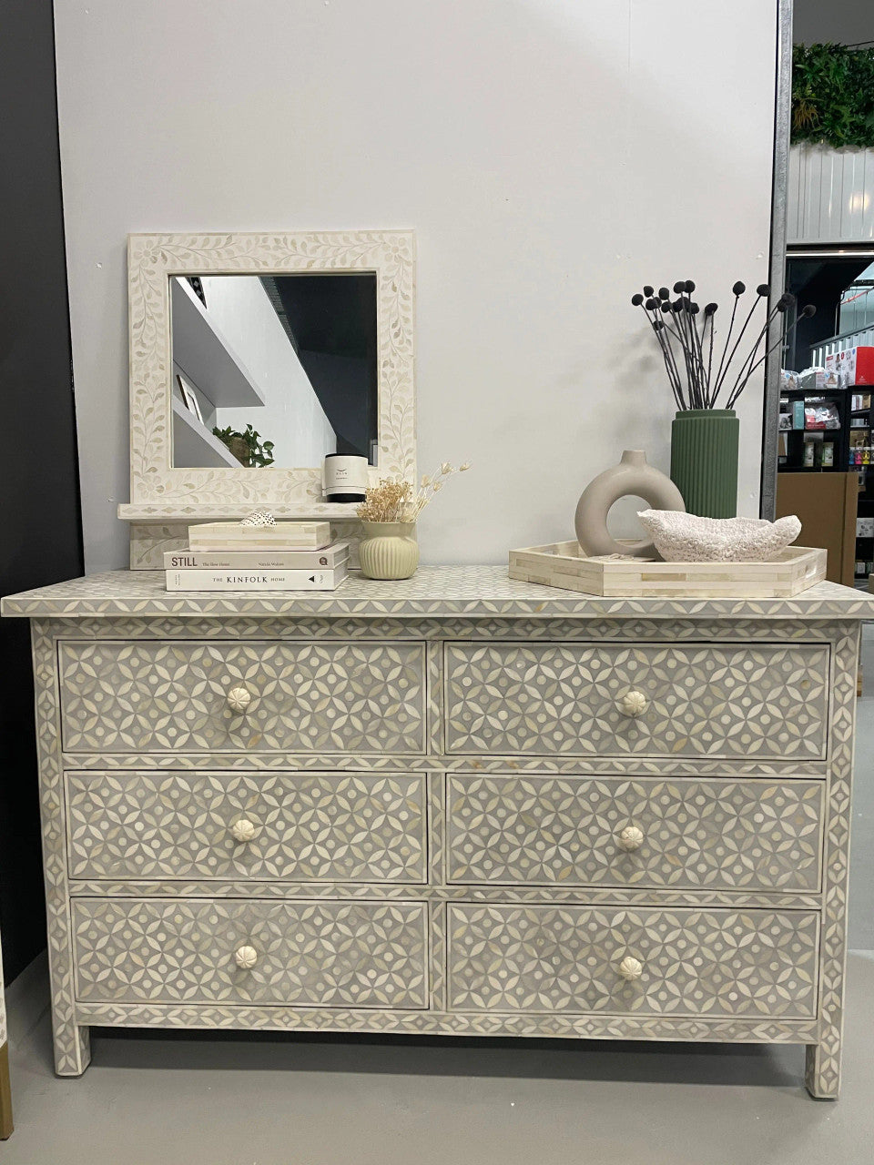 Bone Inlay 6 Drawer Chest : Starburst : Light Grey