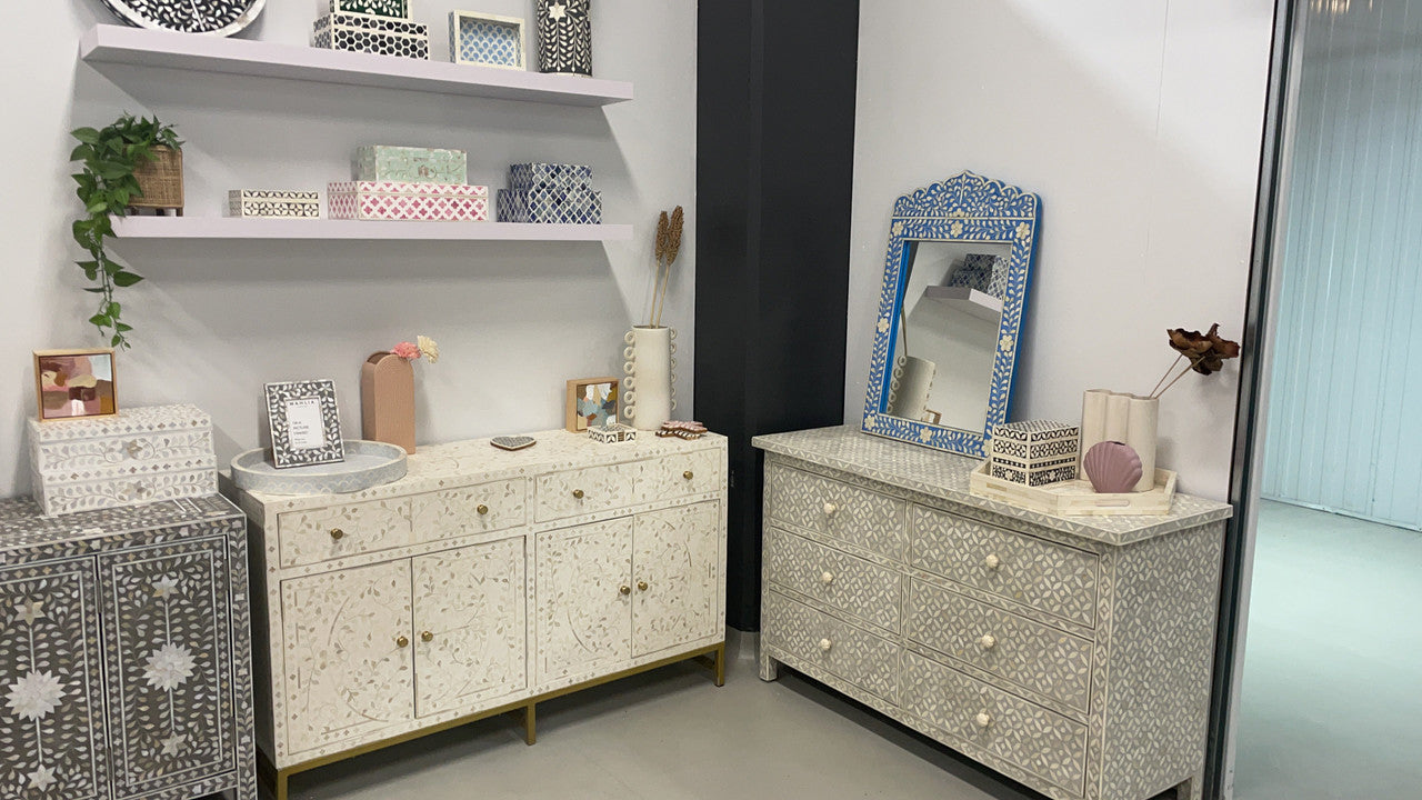 Bone Inlay 6 Drawer Chest : Starburst : Light Grey
