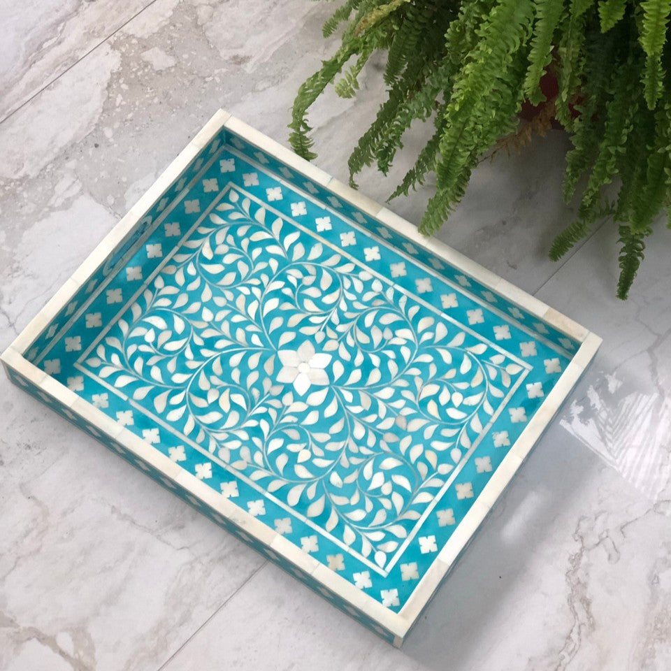 Bone Inlay Rectangular Tray : Floral : Teal