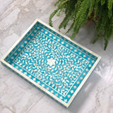 Bone Inlay Rectangular Tray : Floral : Teal