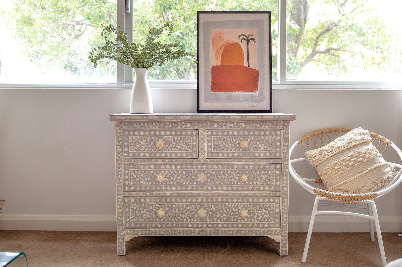 Bone Inlay 4 Drawer Chest : Floral : Dove Grey