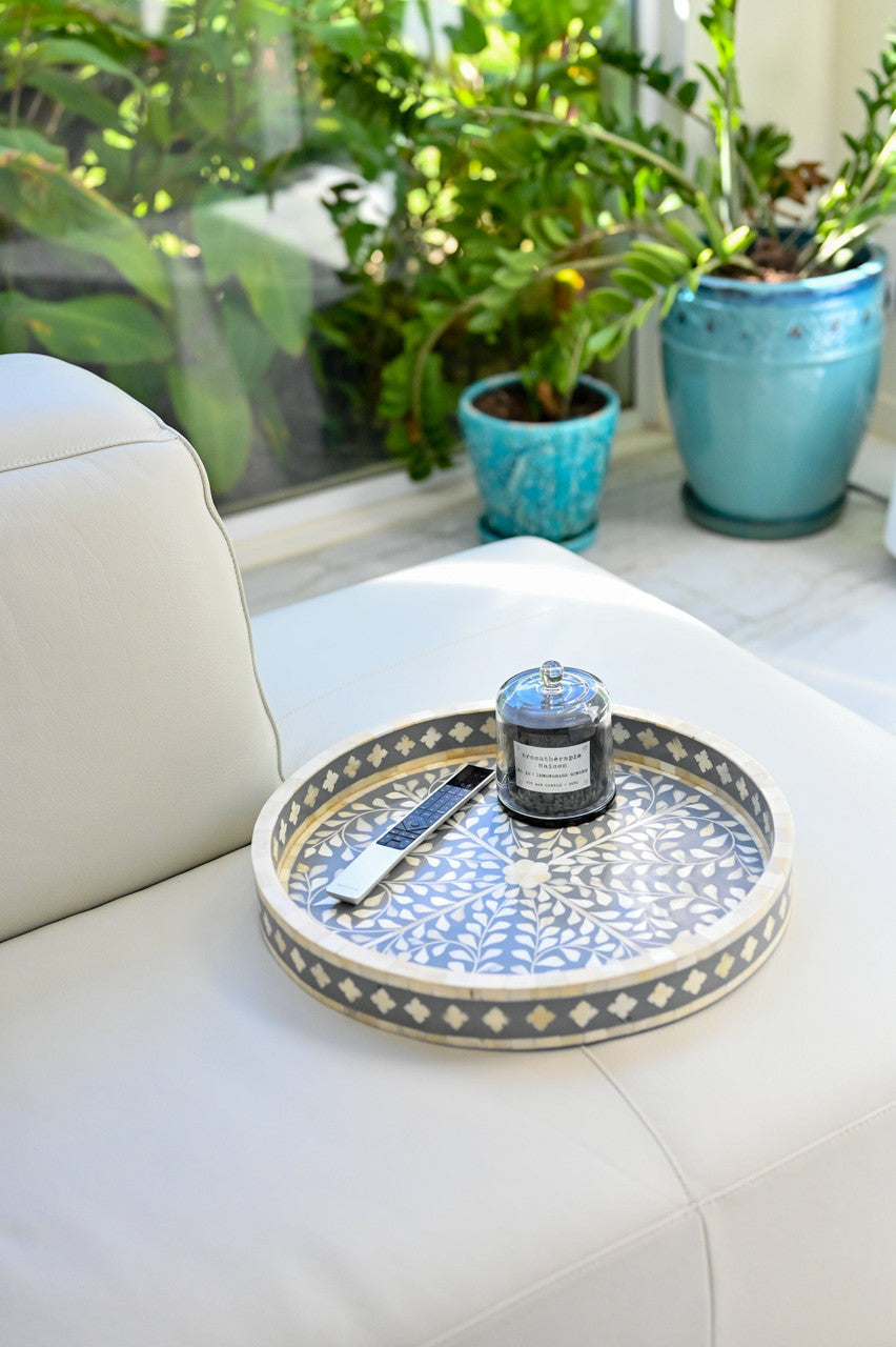 Bone Inlay Round Tray : Floral : Grey