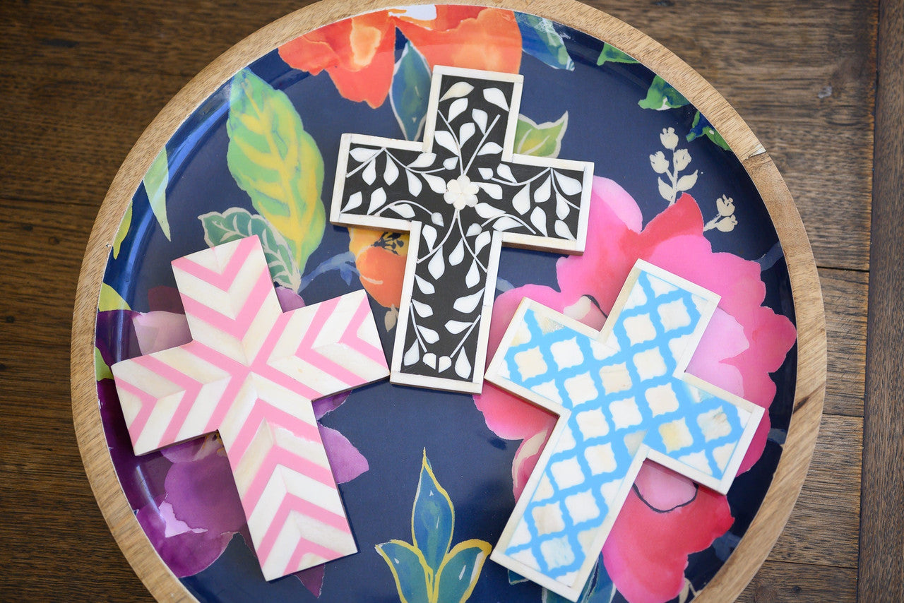 Bone Inlay Small Cross : Floral : Black