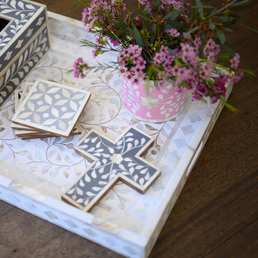 Bone Inlay Small Cross : Floral : Dark Grey