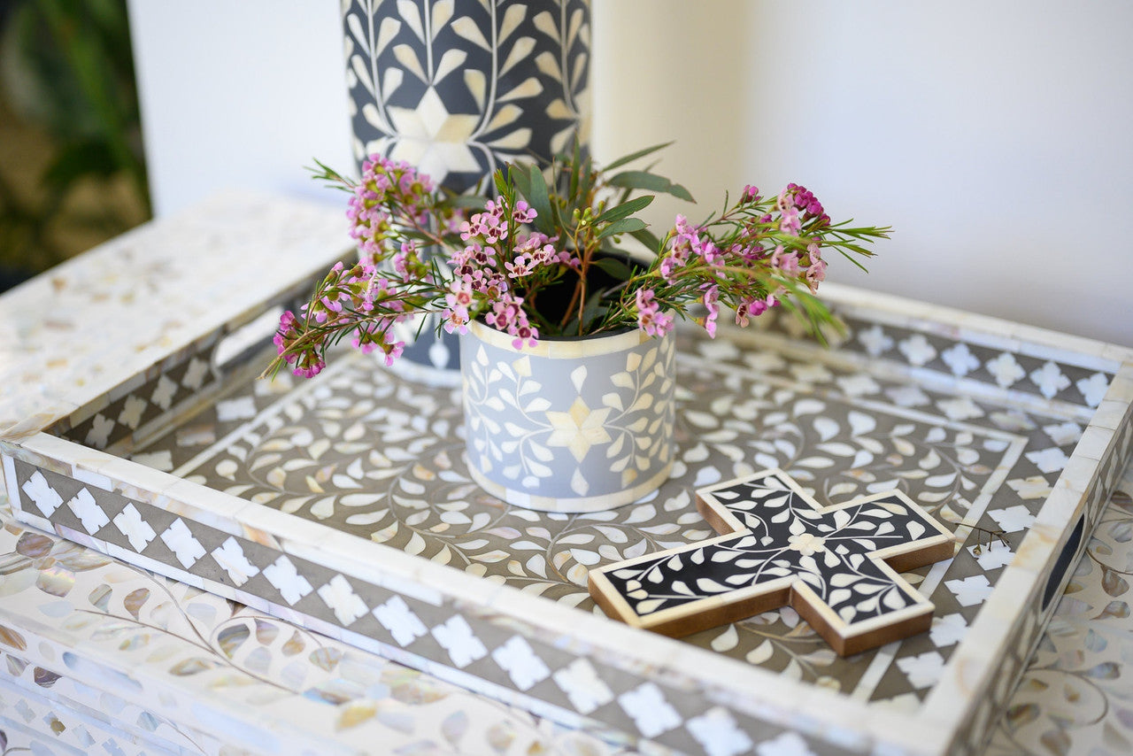 Imperfect Mother of Pearl Inlay Small Cross : Floral : Black