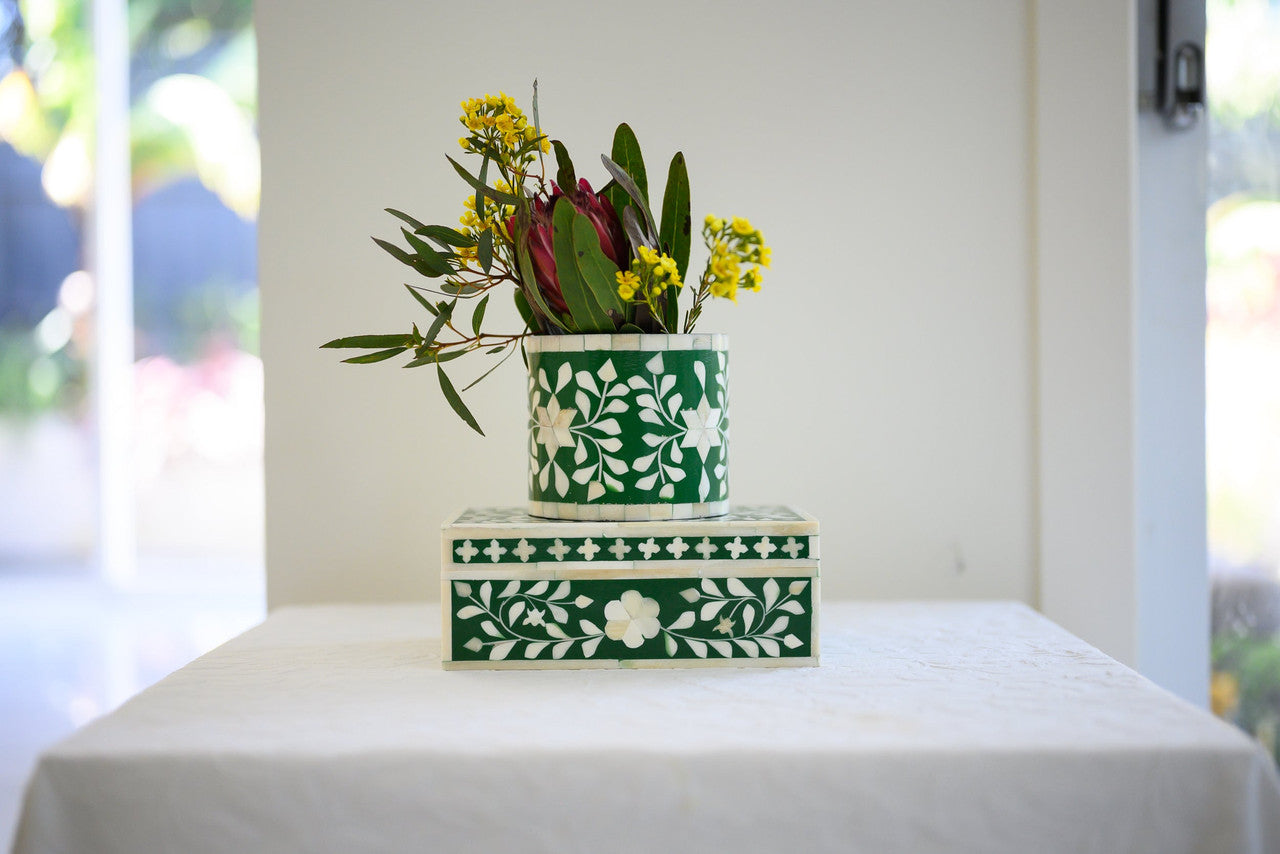 Bone Inlay Small Gift Box : Floral : Emerald Green