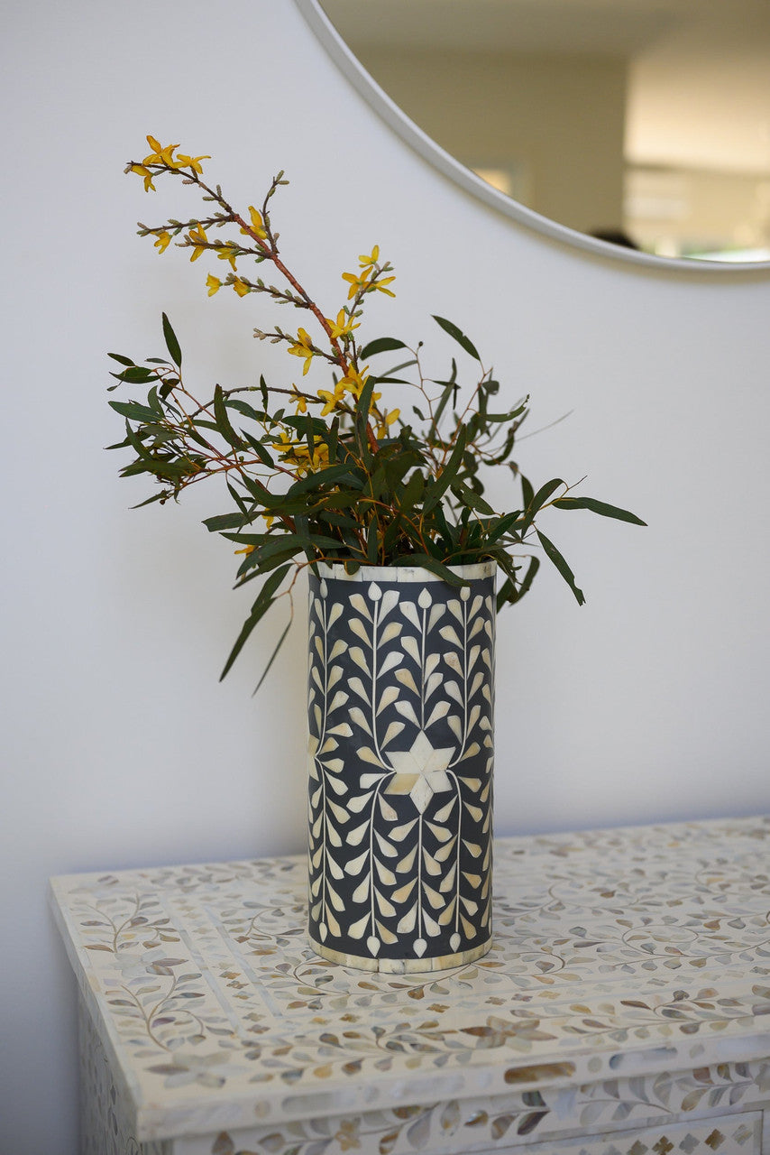 Bone Inlay Floral Vase : Grey Medium