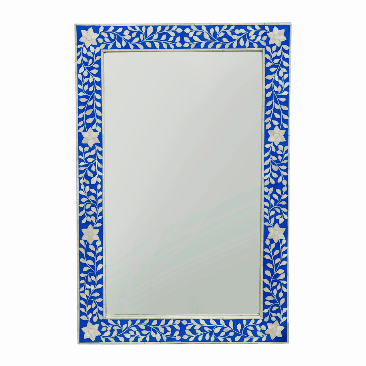 Bone Inlay Rectangular Mirror : Floral : Blue