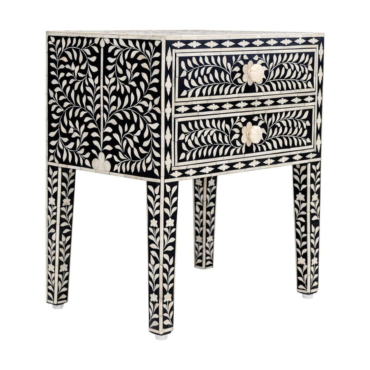 Bone Inlay 2 Drawer Bedside : Floral : Black