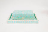 Bone Inlay Rectangular Tray : Floral : Aqua Green