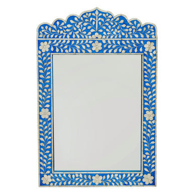 Bone Inlay Crested Mirror : Floral : Blue