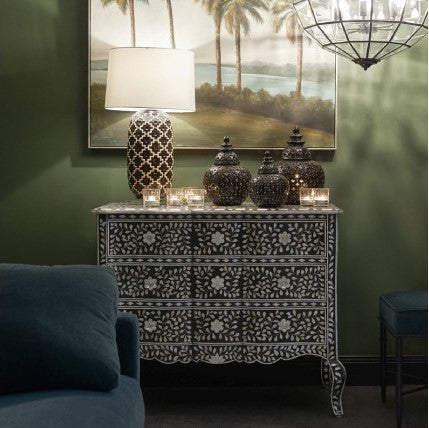 Mother of Pearl Inlay French 3 Drawer Chest : Floral : Black