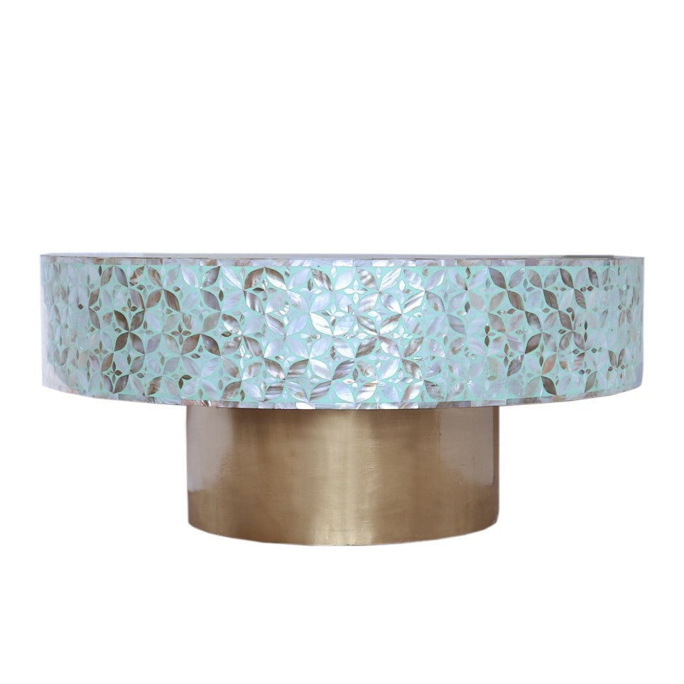 Mother of Pearl Inlay Round Coffee Table : Lady's Bedstraw : Jade Green