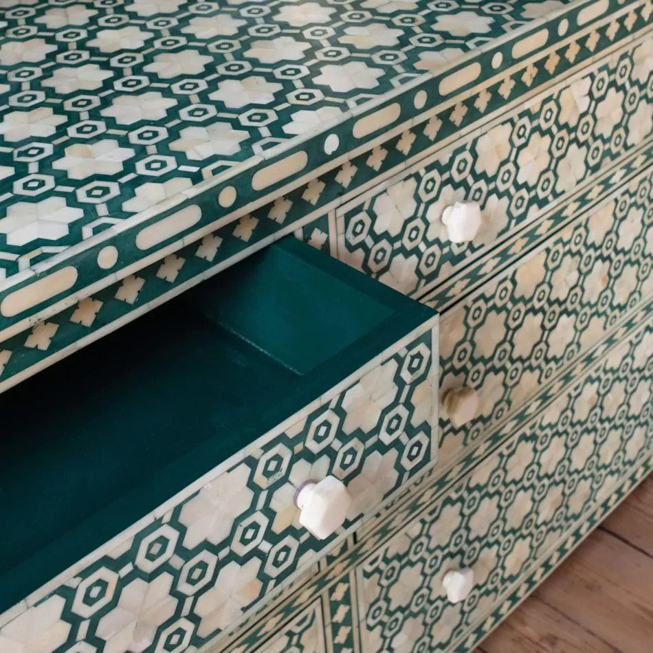 Bone Inlay 4 Drawer Chest : Hexafloral : Green