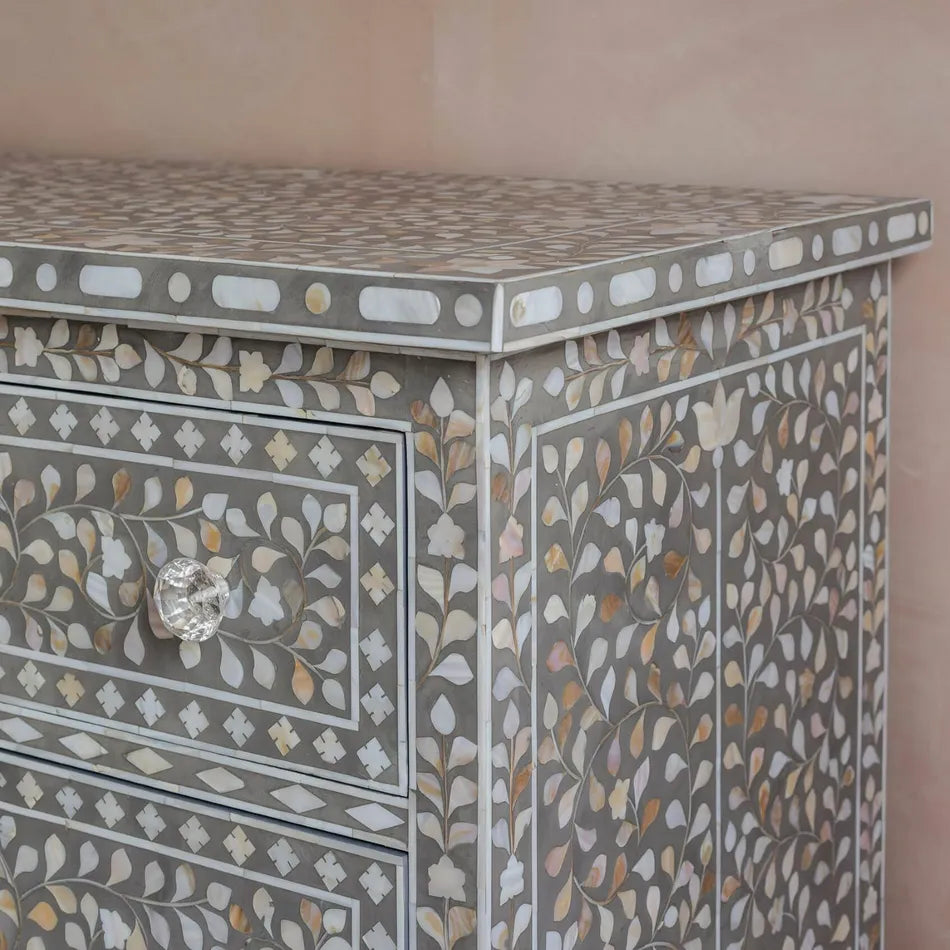 Bone Inlay 8 Drawer Chest : Floral : Grey