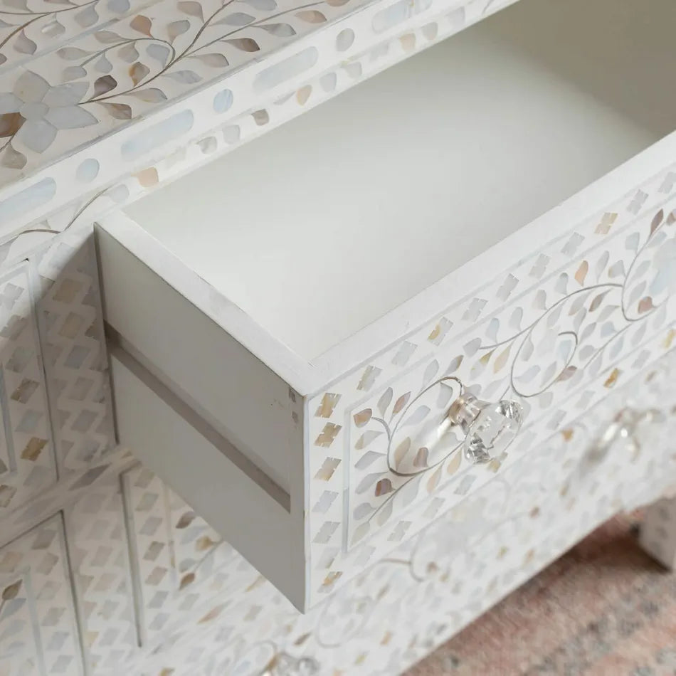 Mother of Pearl Inlay 7 Drawer Chest : Floral : White