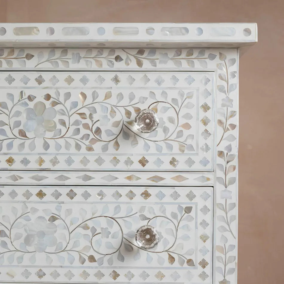 Mother of Pearl Inlay 7 Drawer Chest : Floral : White