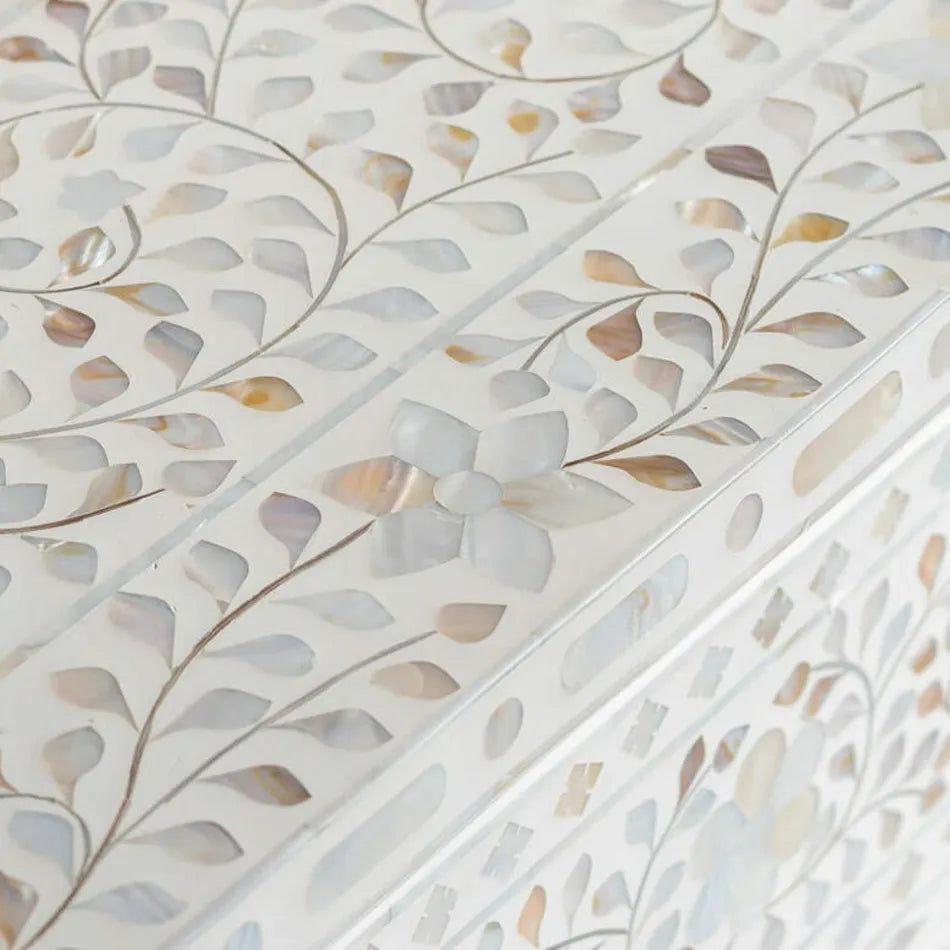 Mother of Pearl Inlay 7 Drawer Chest : Floral : White