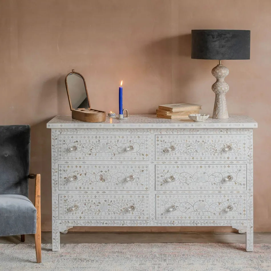 Mother of Pearl Inlay 7 Drawer Chest : Floral : White