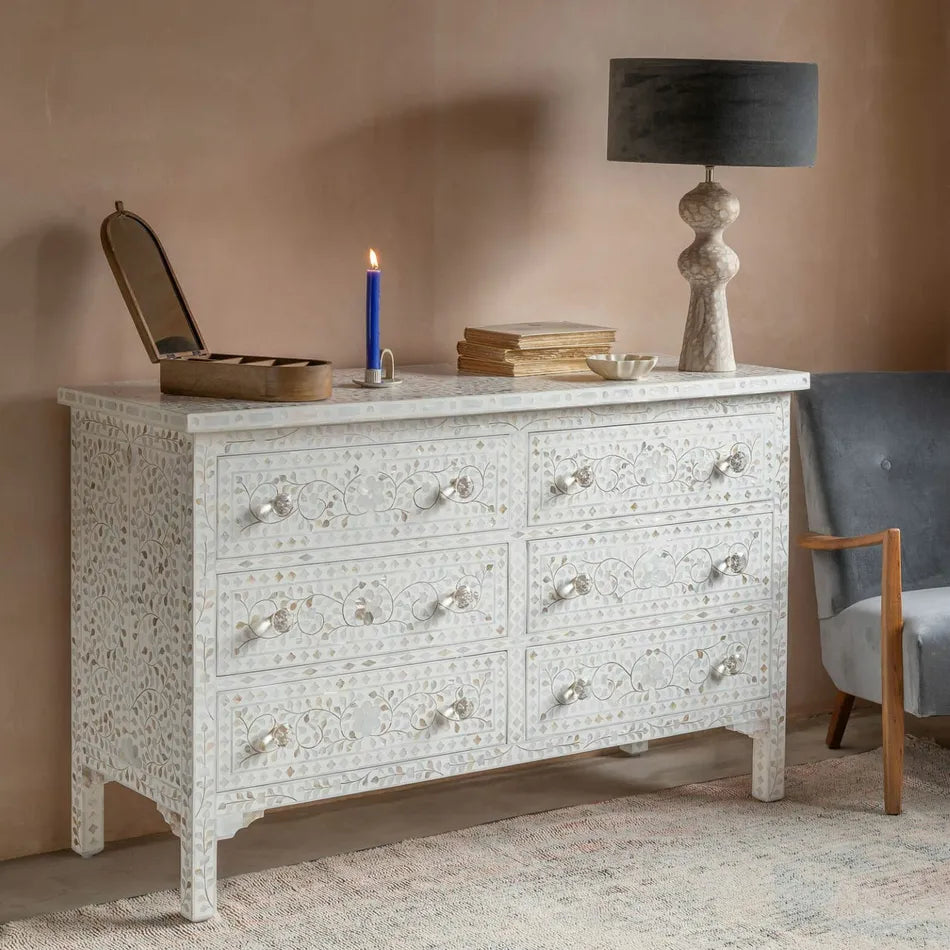 Mother of Pearl Inlay 7 Drawer Chest : Floral : White
