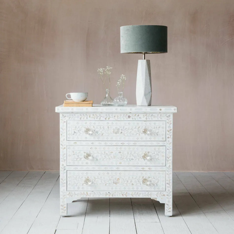 Mother of Pearl Inlay 3 Drawer Chest : Floral : White