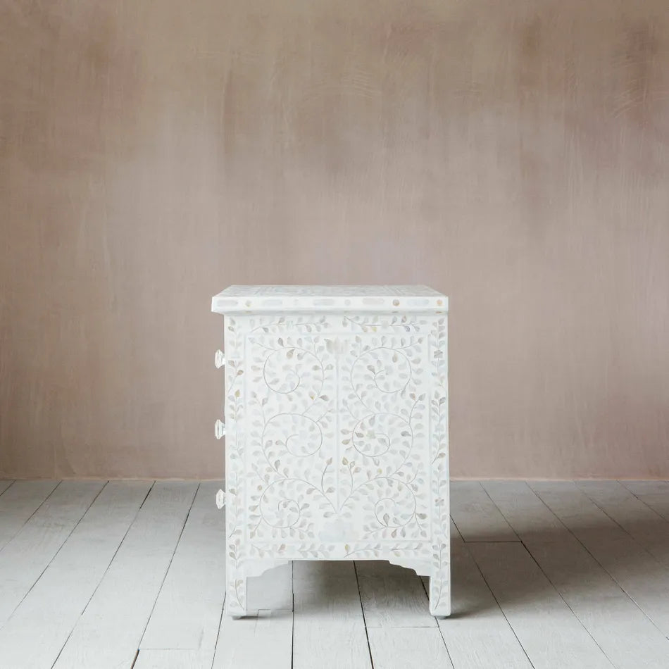 Mother of Pearl Inlay 3 Drawer Chest : Floral : White