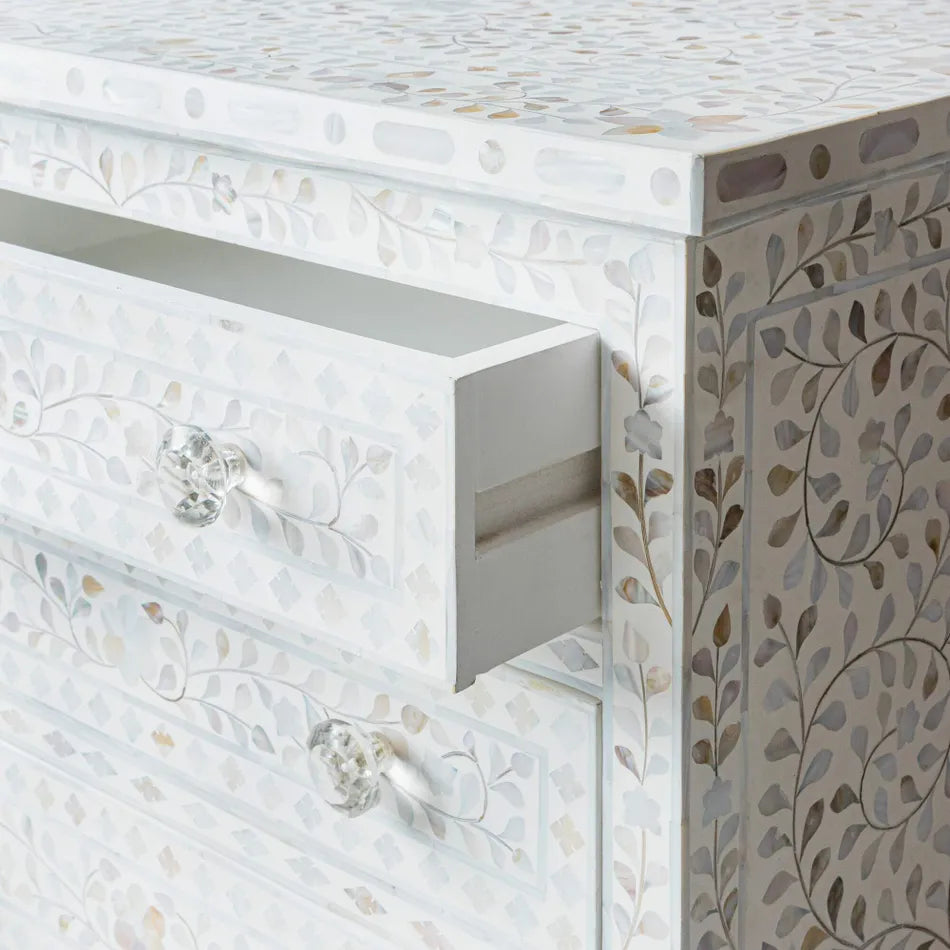 Mother of Pearl Inlay 3 Drawer Chest : Floral : White