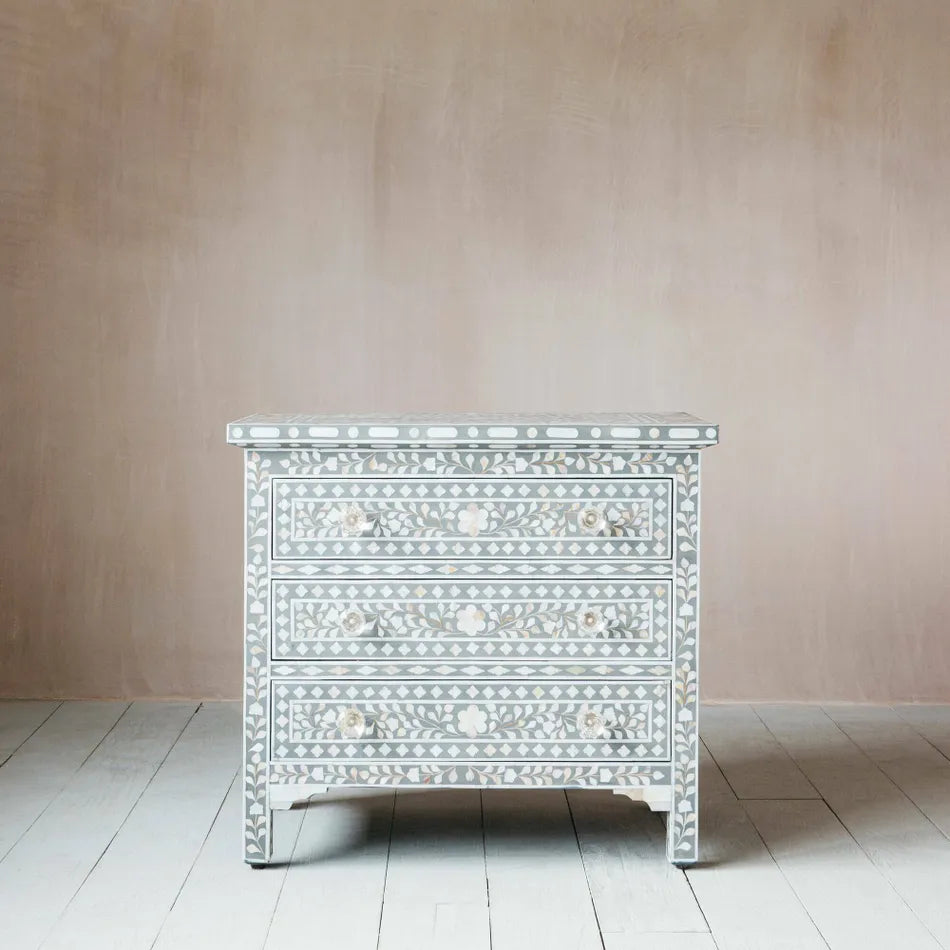 Mother of Pearl Inlay 3 Drawer Chest : Floral Grey