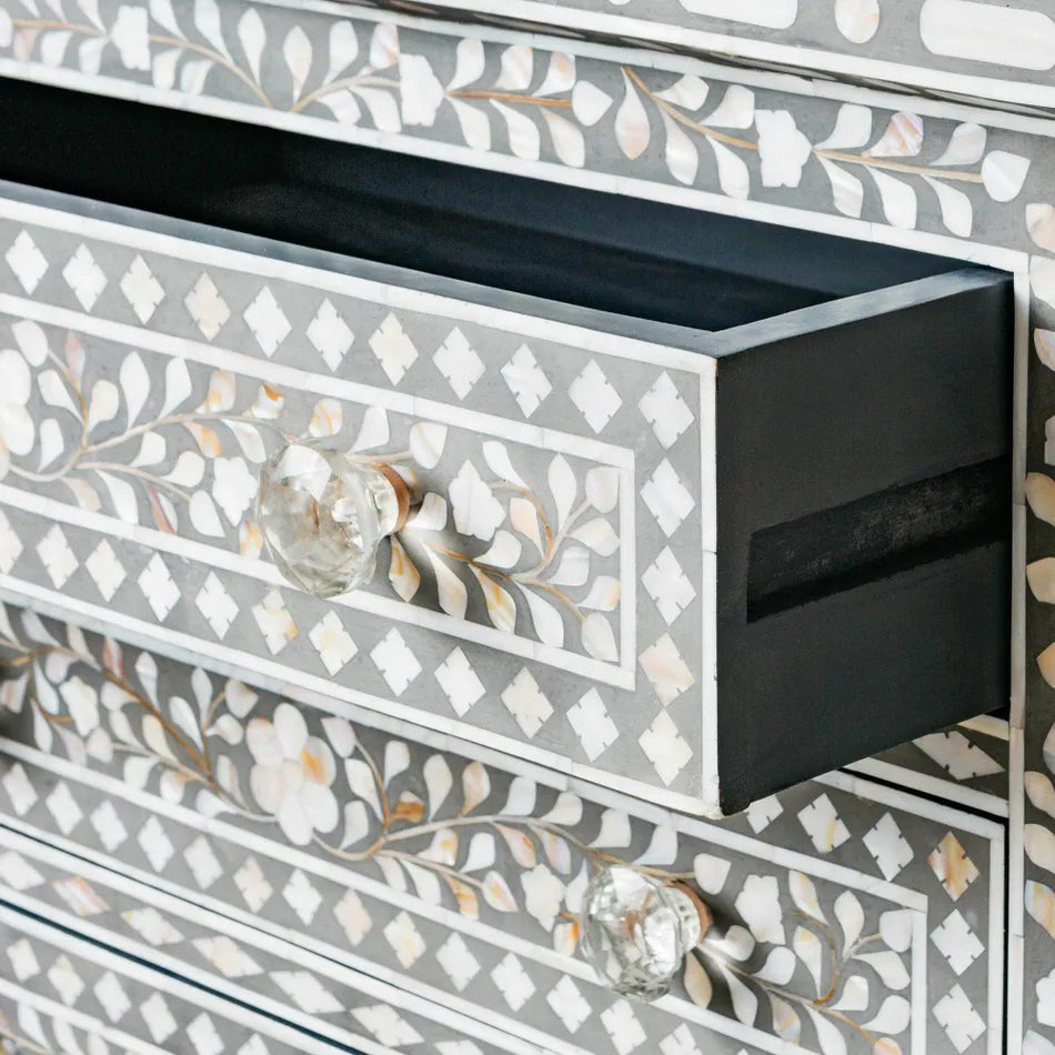 Mother of Pearl Inaly 7 Drawer Chest : Floral : Grey