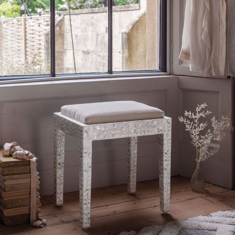 Mother of Pearl Inlay Dressing Table Stool : Floral : White