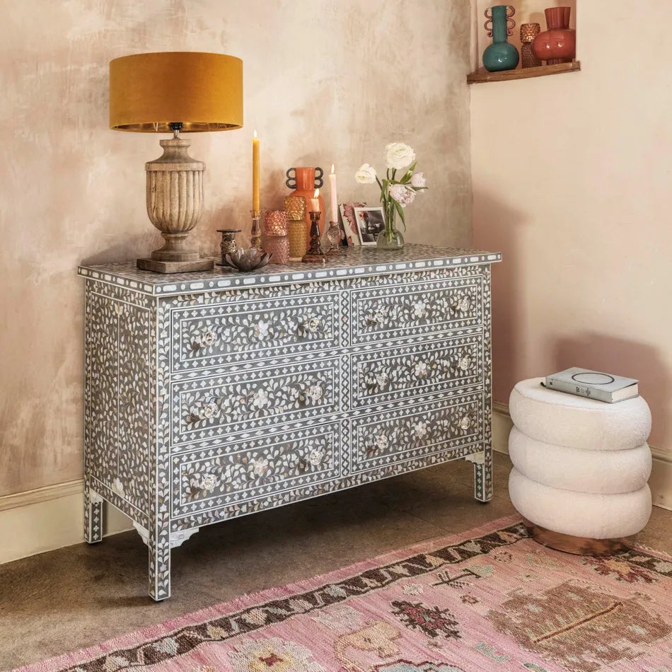 Mother of Pearl Inaly 7 Drawer Chest : Floral : Grey