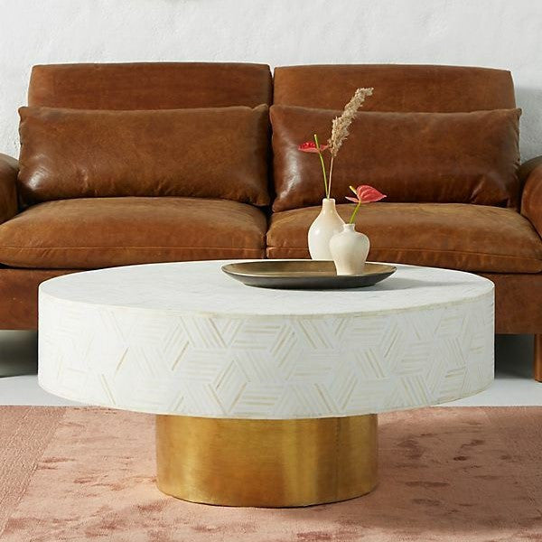 Bone Inlay Round Coffee Table : Criss Cross : White
